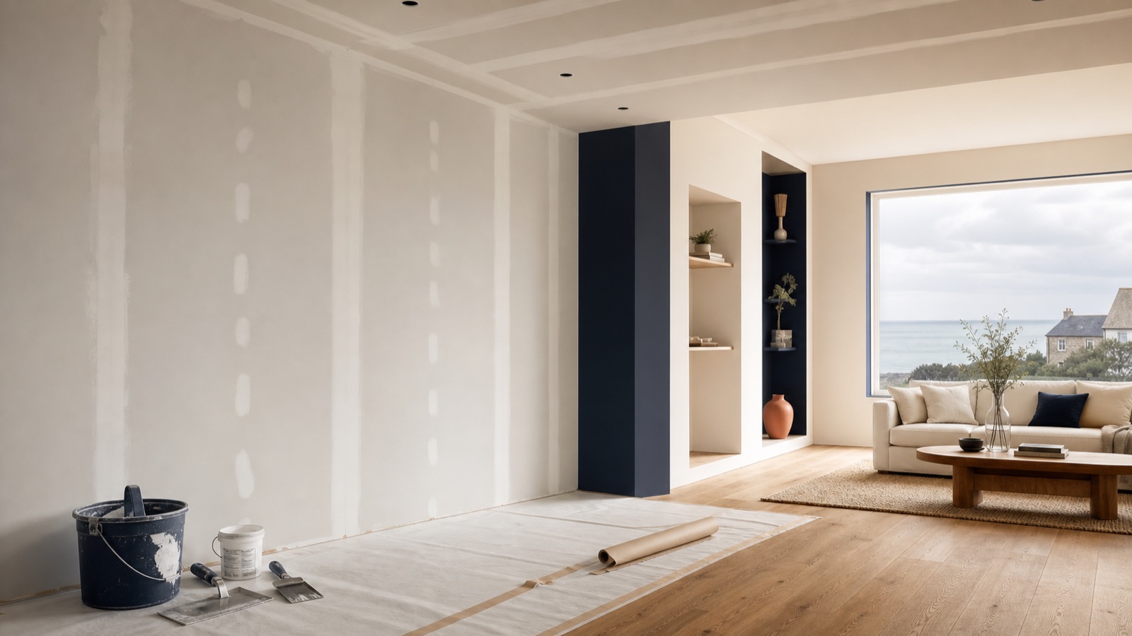 Illustration d’un intérieur en rénovation, du placo aux finitions.