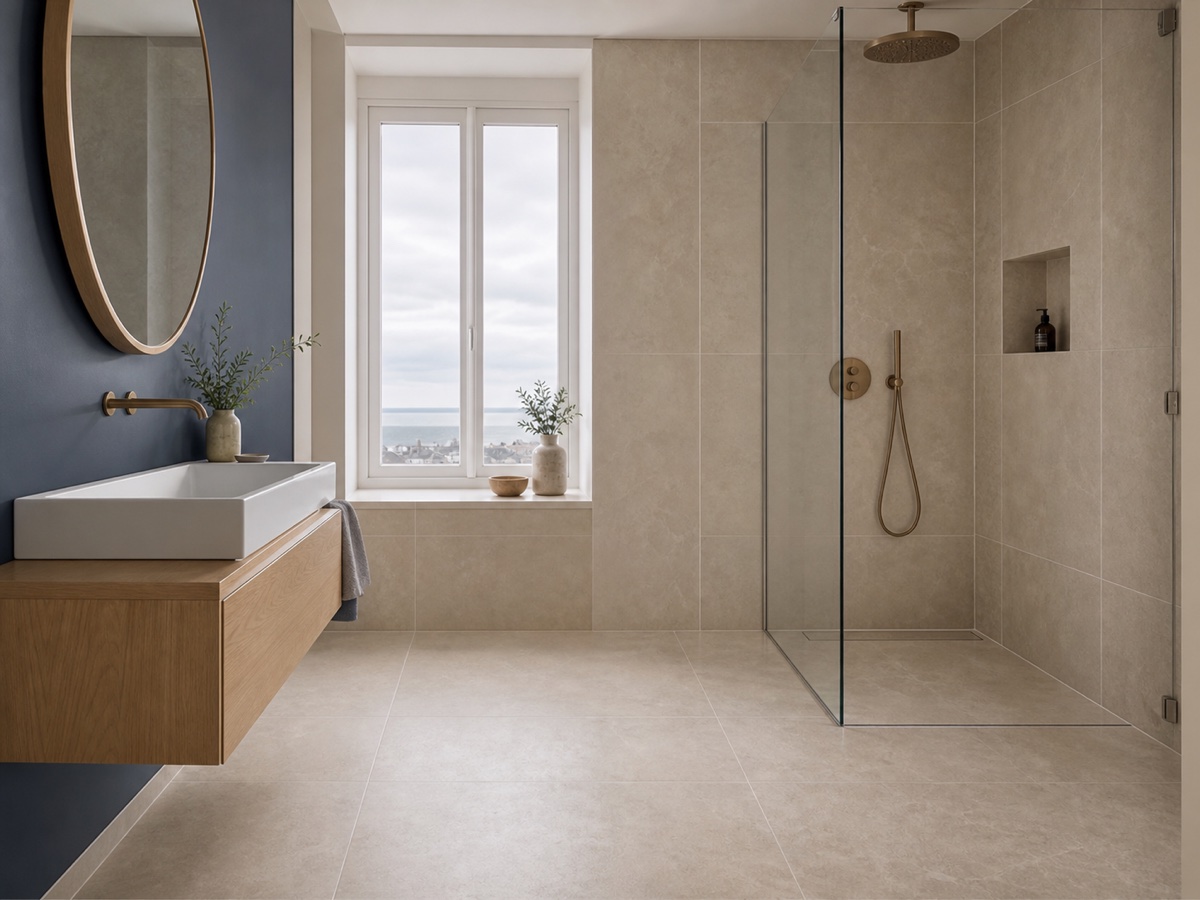Salle de bain créée avec un carrelage mural et un sol coordonnés.