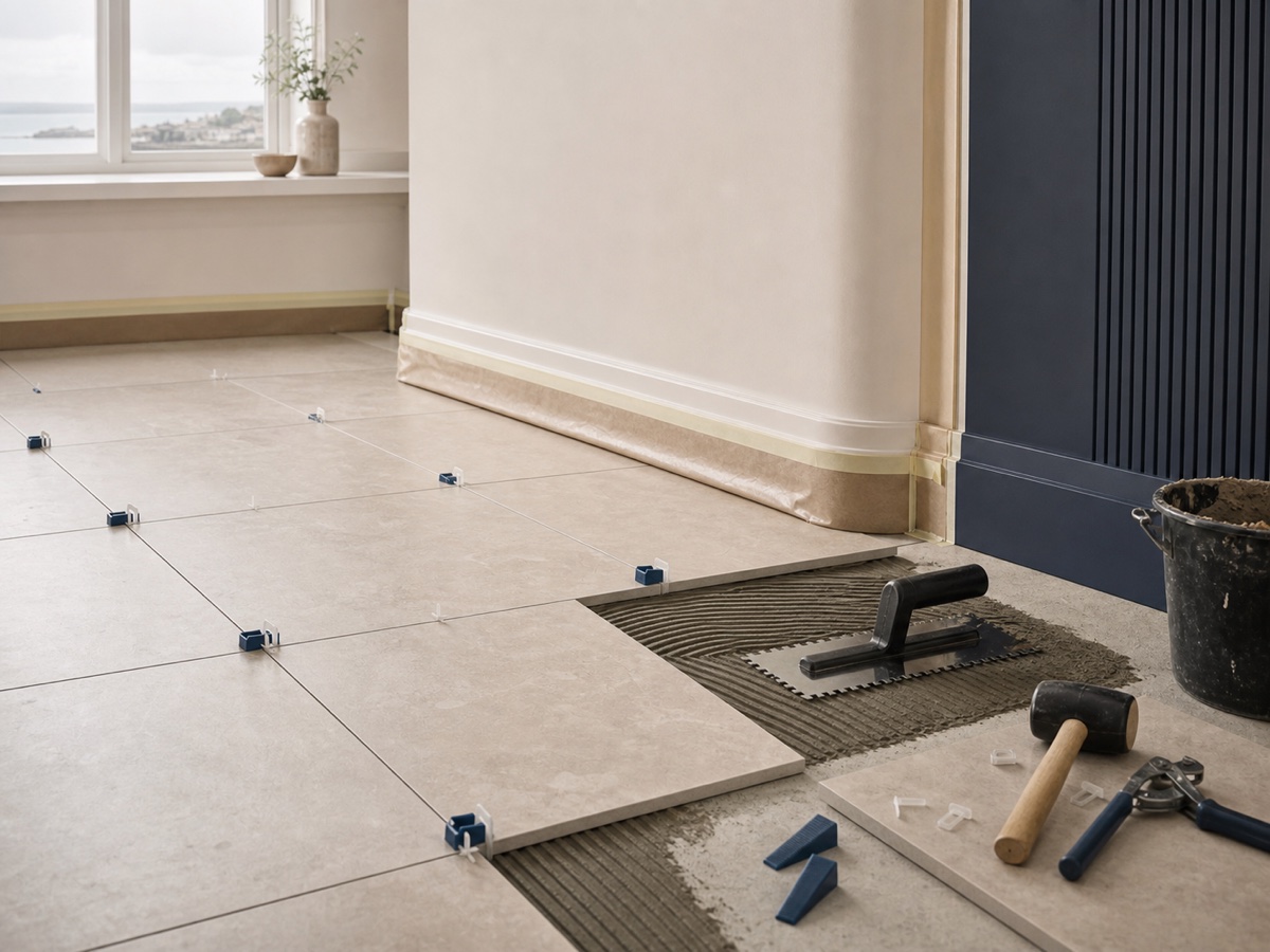 Pose précise d’un carrelage intérieur avec alignement des carreaux.