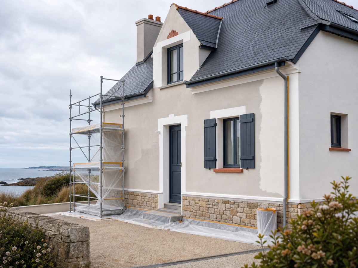 Illustration d’une façade en préparation dans un environnement côtier.