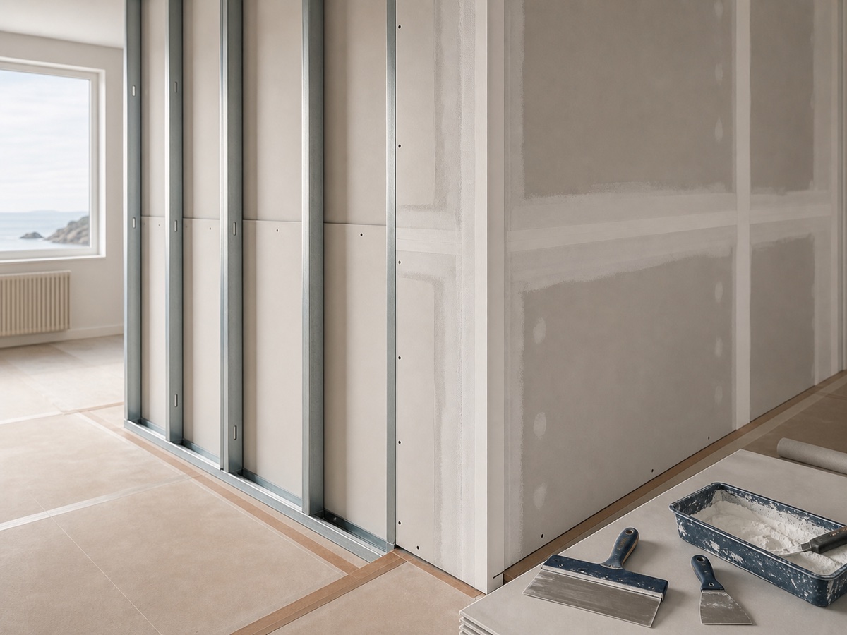 Cloison en plaques de plâtre avec ossature et joints en cours de finition.